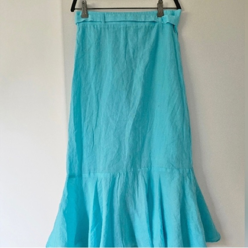 Ann Taylor Aqua Linen-Blend Maxi Skirt with Flounced Hem